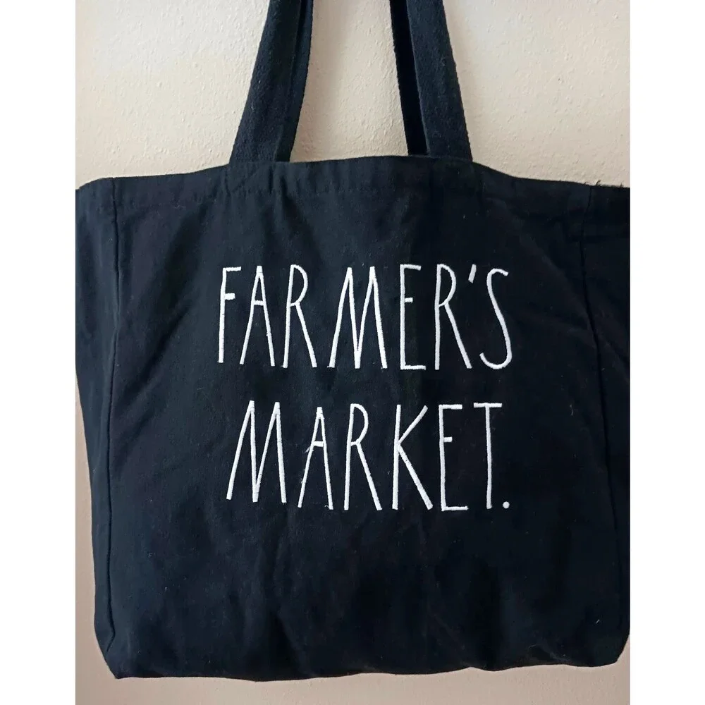 Rae Dunn "FARMER'S MARKET" Large Blk Canvas Tote Bag, Reusable, Grocery Shop - Picture 2 of 8